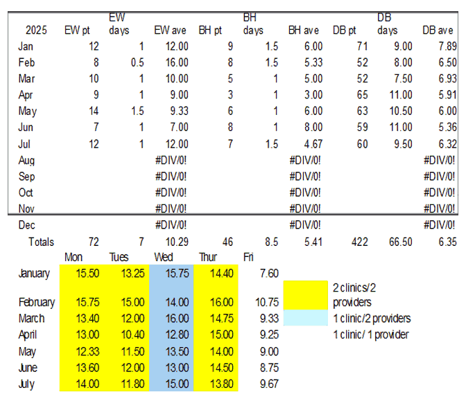 Mesa Clinic patient days + both clinics monthly totals