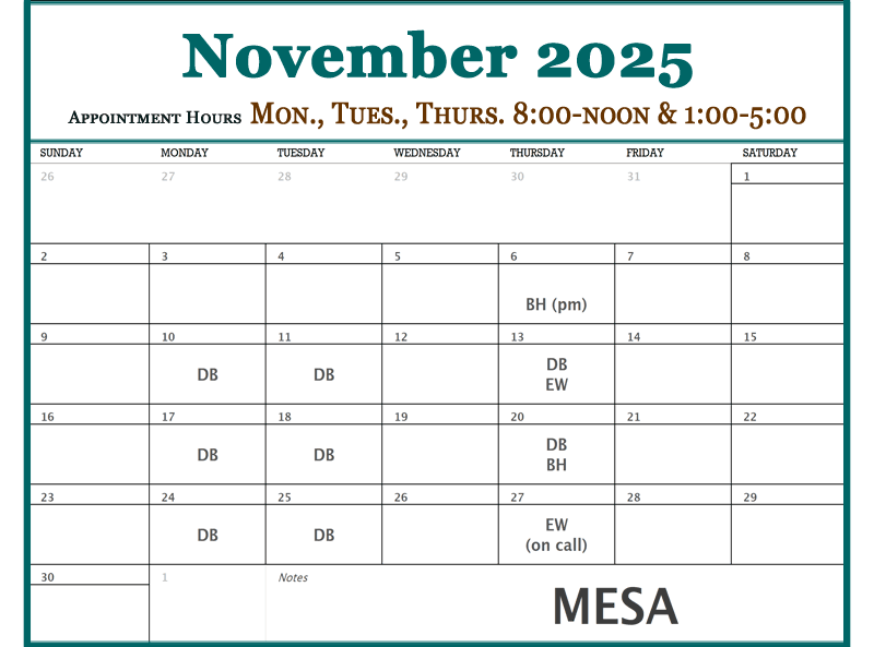 November - Plateau Valley Medical Clinic Doctor Schedules in Mesa Colorado