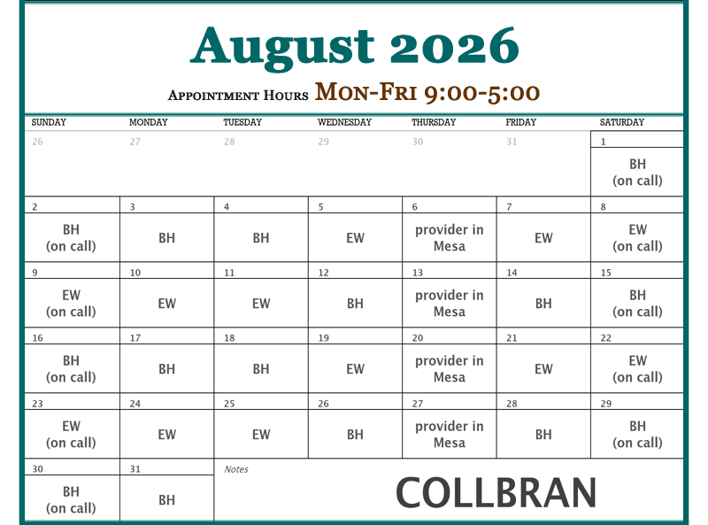 August - Plateau Valley Medical Clinic Doctor's Schedules in Collbran Colorado