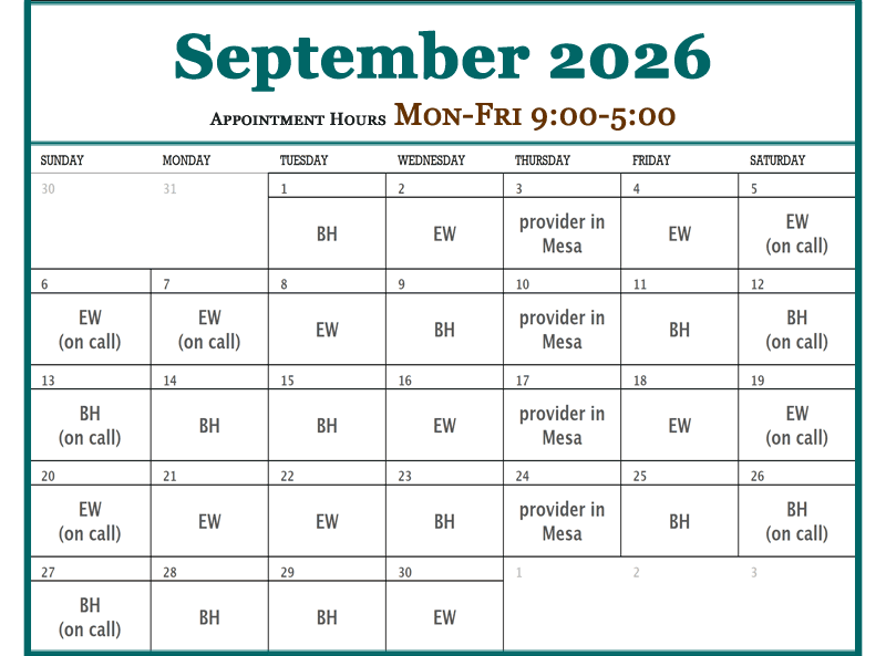 September - Plateau Valley Medical Clinic Doctor's Schedules in Collbran Colorado
